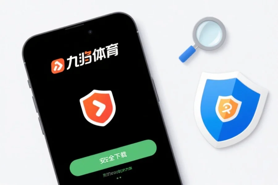 手机屏幕显示九游体育官方应用的下载界面，旁边有放大镜和盾牌图标，突出安全下载的概念